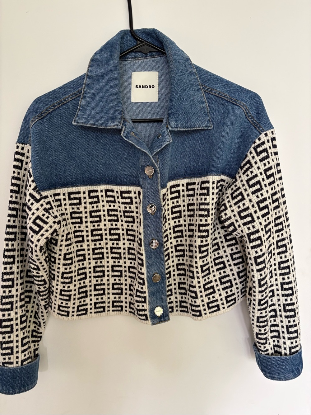 Sandro Blue Denim and Black & White Knit Cropped Jacket